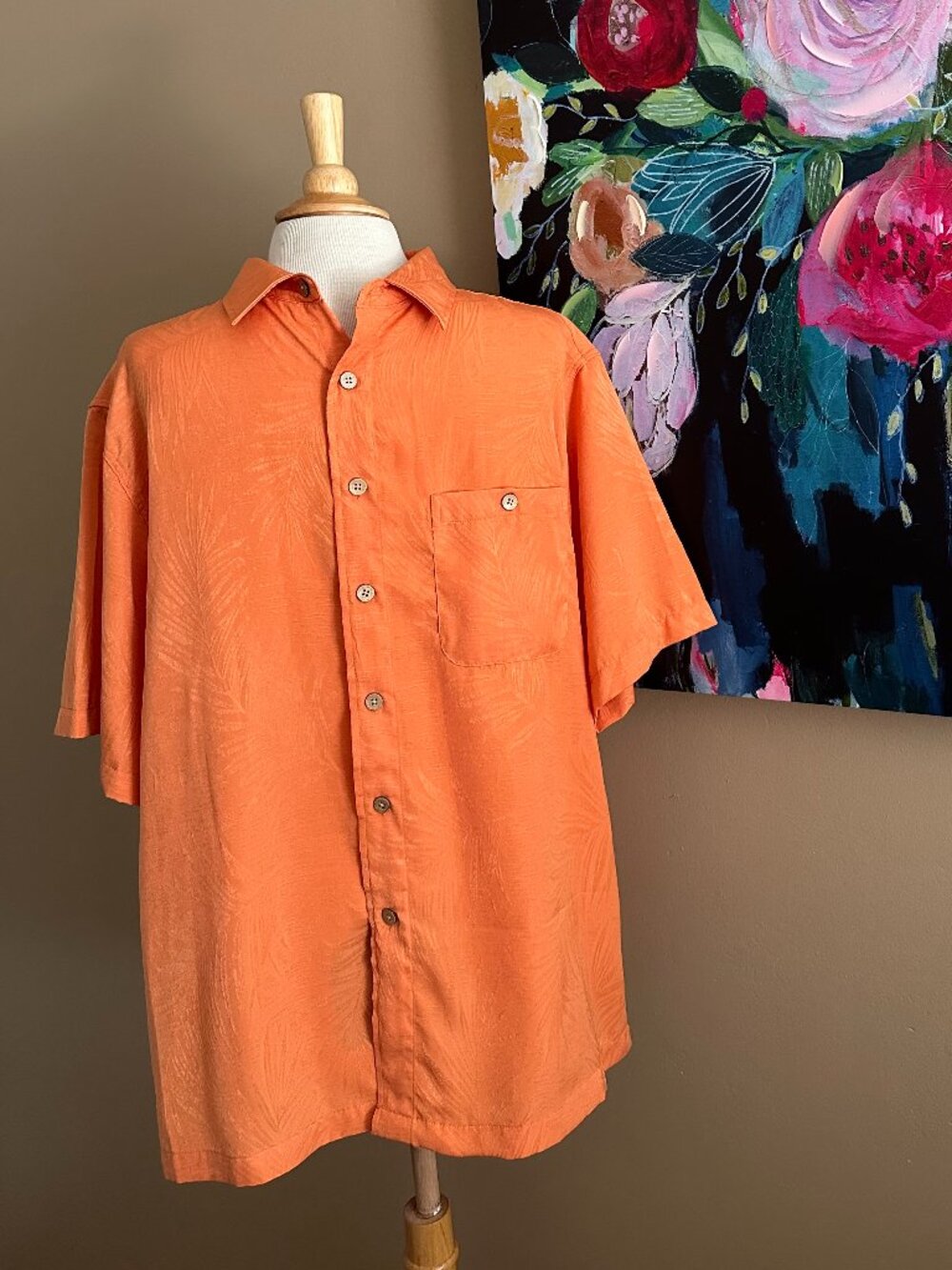 R&R NWT Casual Orange Hawaiian Camp Shirt Jacquard Button Front Size L